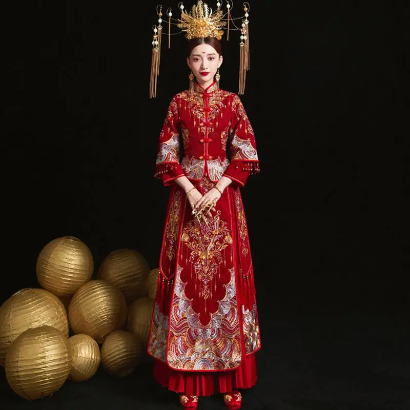 Для женщин Винтаж Cheongsam дракон феникс свадебное платье вышивка ручной работы Qipao Роскошные Длинные вечерние платья с длинным рукавом - Цвет: Красный