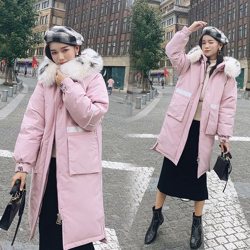PINK Женское длинное цветное зимнее пуховое пальто с капюшоном и вышивкой Журавля, Толстая теплая куртка, ватные парки с хлопковой подкладкой - Цвет: PINK