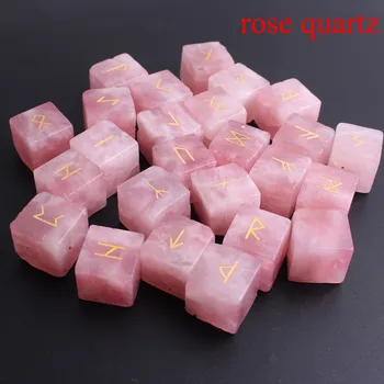 

25Pcs Natural Red jasper/Rose quartz/Tiger eye Square Engraved Reiki Archangel Symbols Cube Palm Stones