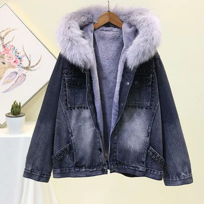 Gray Collar Зимняя джинсовая куртка с воротником из лисьего меха с капюшоном и заклепками, Женское пальто, Повседневная модная Корейская стильная теплая Плотная джинсовая куртка, пальто - Цвет: Gray Collar