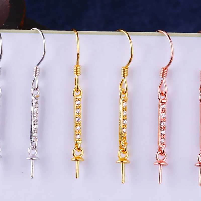 

925 Sterling Silver 7-14mm Pearl Round Bead Semi Mount Earrings Women Drop Earrings Yellow White Rose Gold Color Wholesale