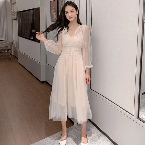 

Casual 2019 V Neck Vintage Dress Korean Lace Mesh Korean Summer Dress A-line Single Breasted Fashion White Dresses