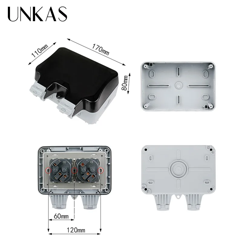 Водонепроницаемая уличная настенная электрическая розетка UNKAS IP66 16 А двойная