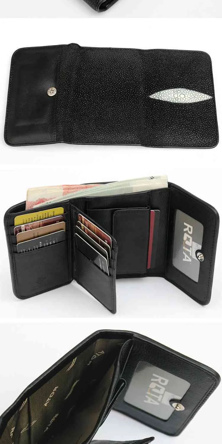 Необычная блестящая жемчужина рыбий глаз дизайнерский черный короткий кошелек экзотическая настоящая кожа ската кожаный женский держатель для карт маленький кошелек-клатч