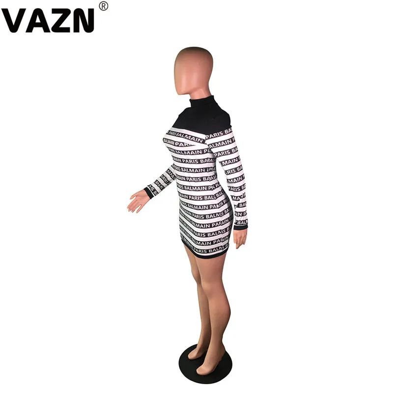 VAZN W-8233, шикарный дизайн, осень, сексуальное женское мини платье, 3 цвета, водолазка, длинный рукав, БУКВЕННОЕ платье, женское уличное платье