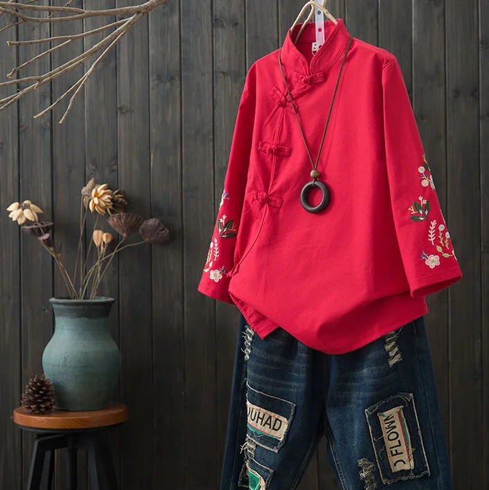 Женская Повседневная рубашка с длинным рукавом, традиционный китайский стиль, топ, классический воротник-стойка, блузка, винтажная одежда, Ципао для женщин - Цвет: color2