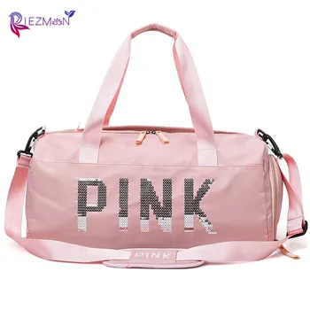

Riezman Large Capacity Travel Gym Tote Travel Bag Pink Casual Sequins Shoulder Bags Weekend Portable Nylon Waterproof Handbags