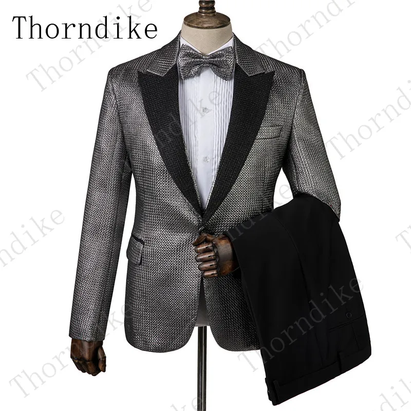 Thorndike для мужчин с заостренным лацканом комплект из 3 предметов, серебряные жаккардовые весы, узорчатые облегающие костюмы Traje Hombre, свадебные костюмы певцов жениха