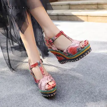 

Handmade fashion women gladiator sandals wedges high heels 2020 summer new platform peep toe T-strap snake shoes big size 42 43