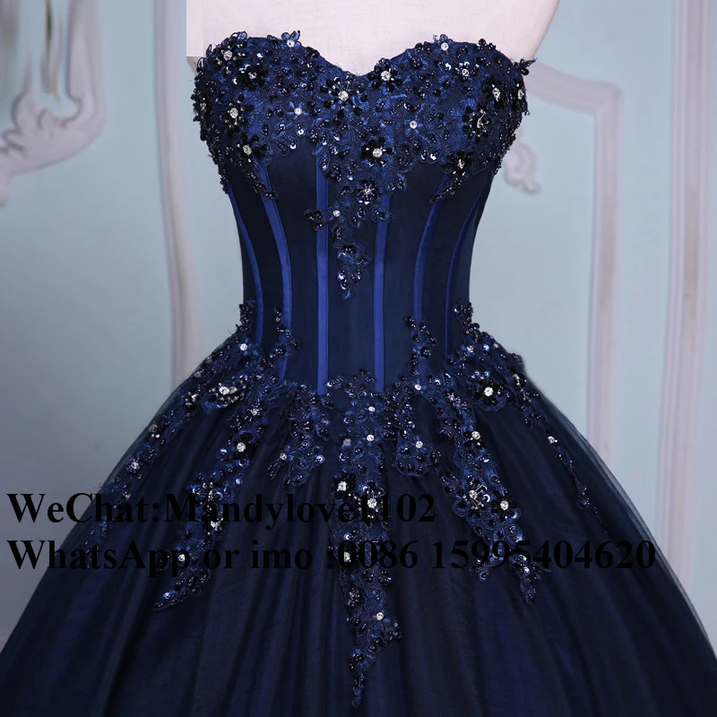 Princess Ball Gown Quinceanera Dresses Elegant Navy Blue Masquerade Sweet 16 Dress Crystal Plus Size vestidos de 15 anos