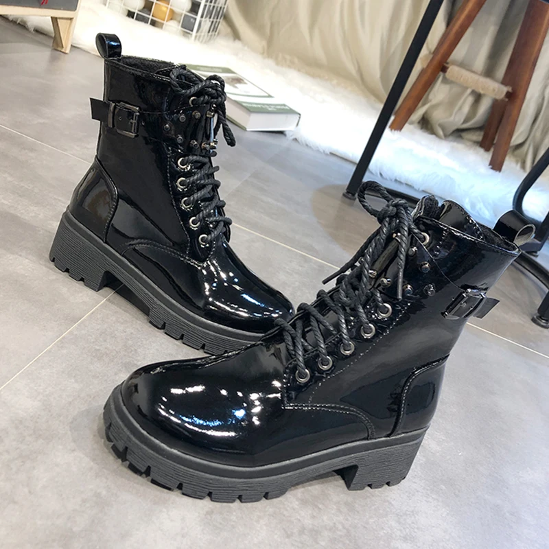 White Western Boots Cowboy Boots Women New Lace Up Leather Boots Black Ankle Boots Women Fashion Punk Combat Boots Platform