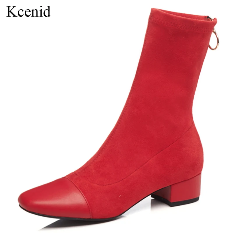 

Kcenid 2020 Boot red shoes woman square toe genuine leather stretch suede ankle boots fashion zipper square heel shoes winter