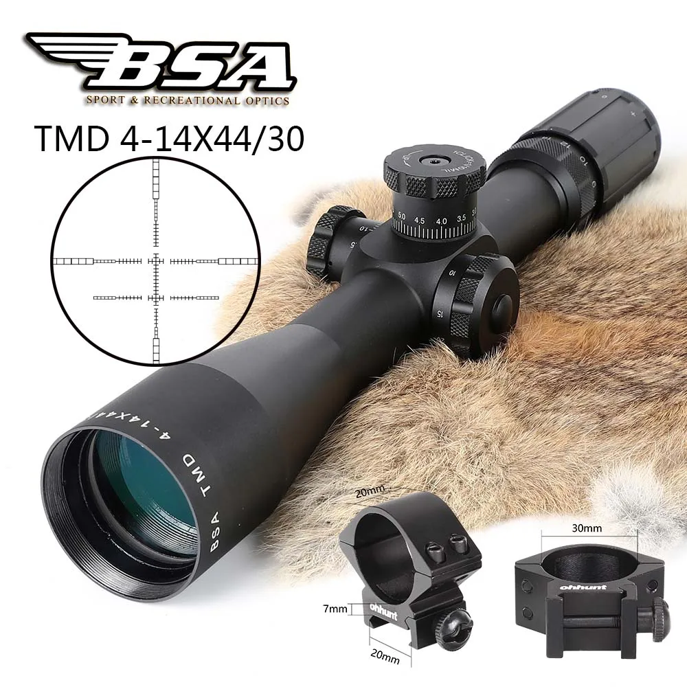 with Picatinny Rings BSA TMD 4-14X44 первый фокальный самолет FFP винтовки прицелы боковой Параллакс стекло гравированное Сетка Охота Тактический стрельба прицел - Цвет: with Picatinny Rings
