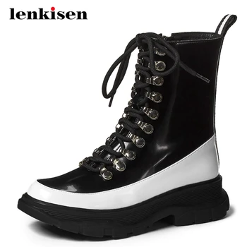 

Lenkisen korean girls genuine leather mixed colors high quality med heel round toe zipper beauty lady handsome ankle boots L3f1