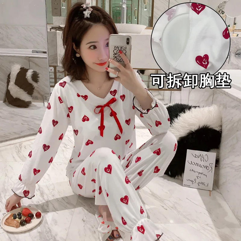 

868 # Red Heart Pullover Xx Long Sleeve Sweet with Chest Pad Pajamas Tracksuit Piece Series