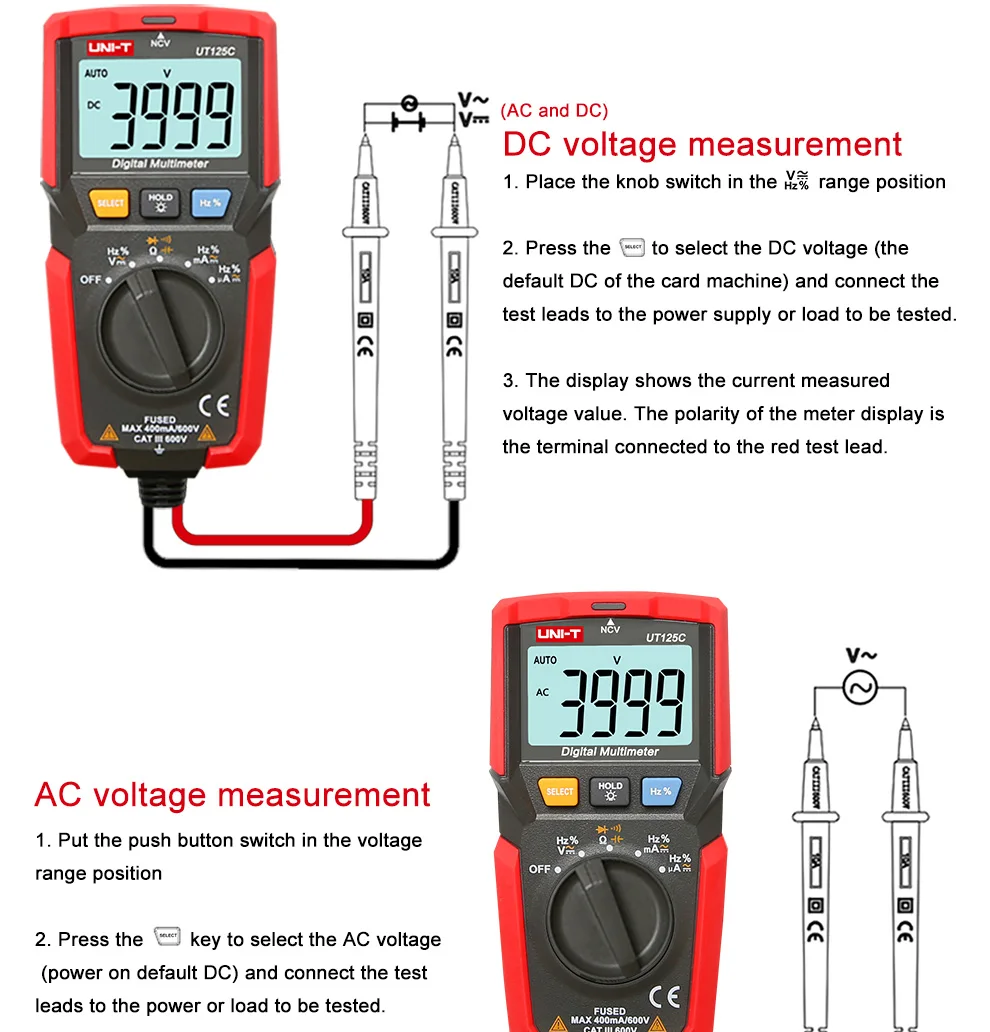 UT125C портативный карманный цифровой мультиметр AC/DC напряжение сопротивление тестера конденсатор Частота Диод NCV тест низкого напряжения дисплей