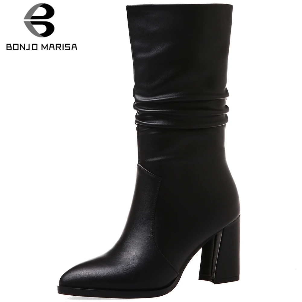 

BONJOMARISA New Office Lady Elegant slip-on mid-calf Boots High Quality Genuine Leather Boots Women 2020 High Heels Shoes Woman