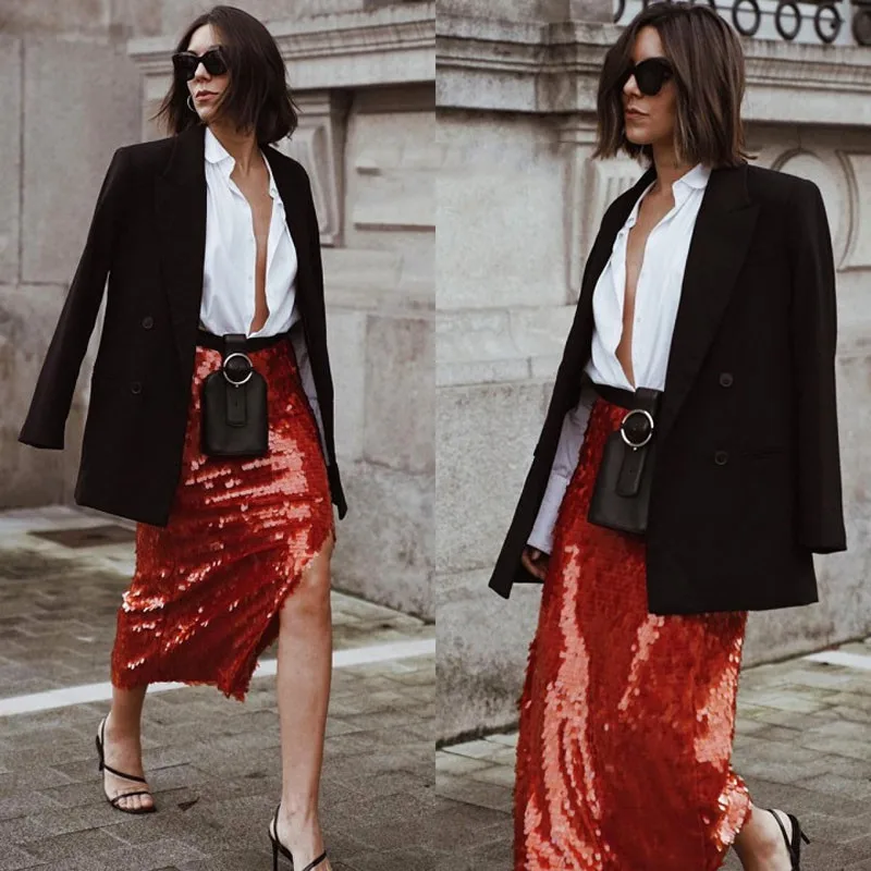 Faldas юбка по индивидуальному заказу Sequin Mid удлиненная юбка jupe femme модные женские юбки с разрезом сбоку
