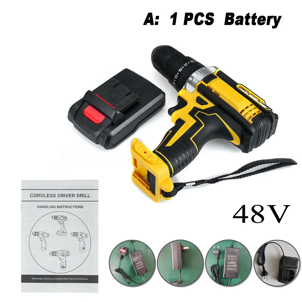 

48V 1500RPM Cordless Electric Drill 25-28Nm LED Light Screwdriver UK/US/EU/AU Plug Electric Drill+Charger+Battery
