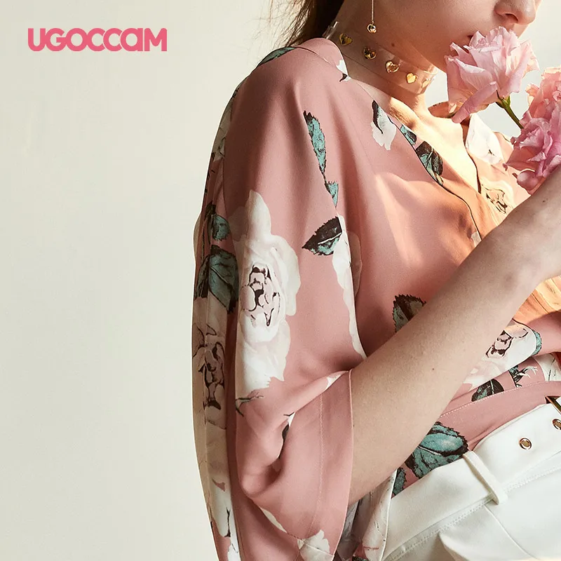 UGOCCAM, винтажная блузка с рукавом три четверти, летняя разноцветная шифоновая блузка с цветочным принтом, сексуальные женские топы, Харадзюку, женская рубашка в стиле бохо