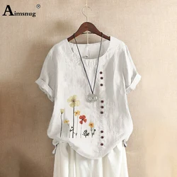 2020 Summer Women's Tops Printed Splice Fake Buttons Linen Blouse O Neck Blusas Female Short Sleeve Plus Size 5xl Casual Shirts 2020 Summer Women's Tops Printed Splice Fake Buttons Linen Blouse O Neck Blusas Female Short Sleeve Plus Size 5xl Casual Shirts