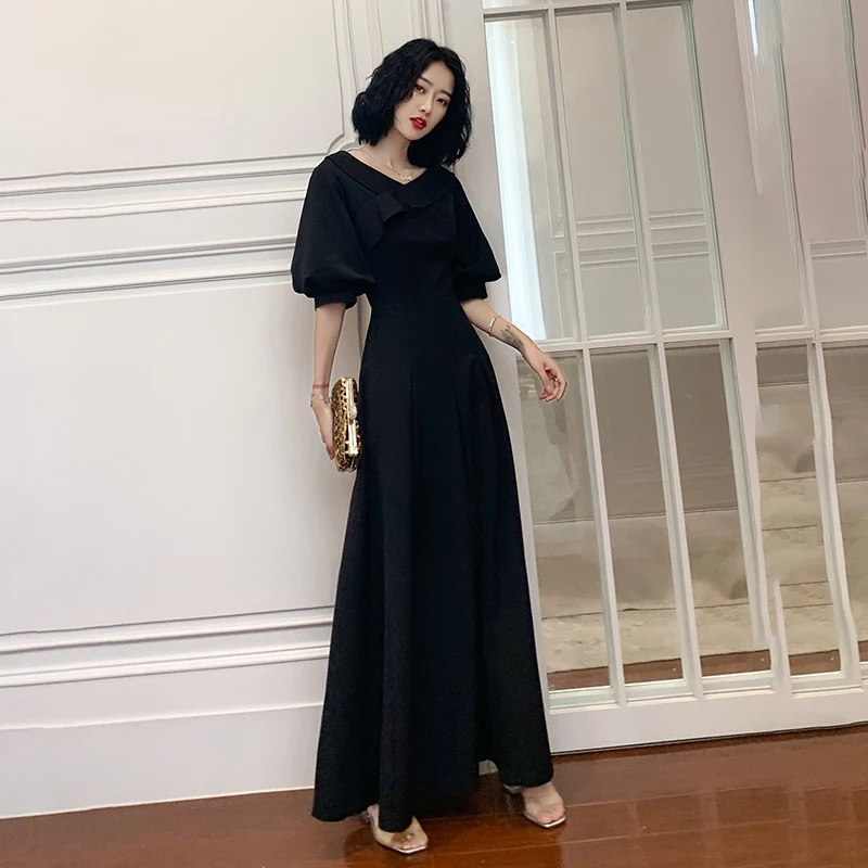 Lady Big Size 3XL Slim Pleated Evening Party Dress Exquisite Puff Sleeve V-neck Cheongsam Sexy Black Long Qipao Vestidos Defesta