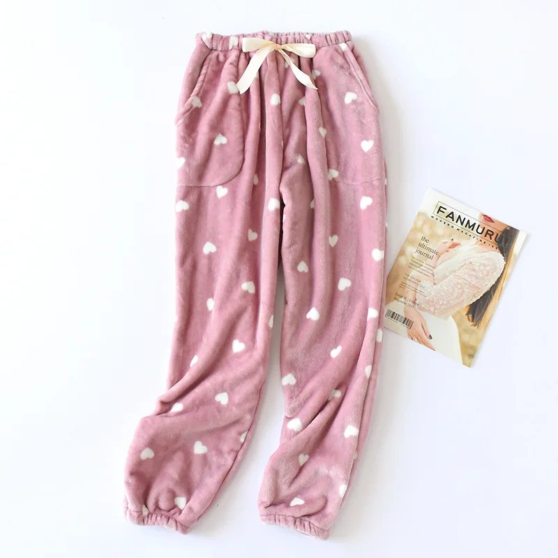 Фланелевые розовые милые женские штаны для сна с сердечком, зимние теплые мягкие пижамные штаны, качественная повседневная женская пижама, домашние брюки