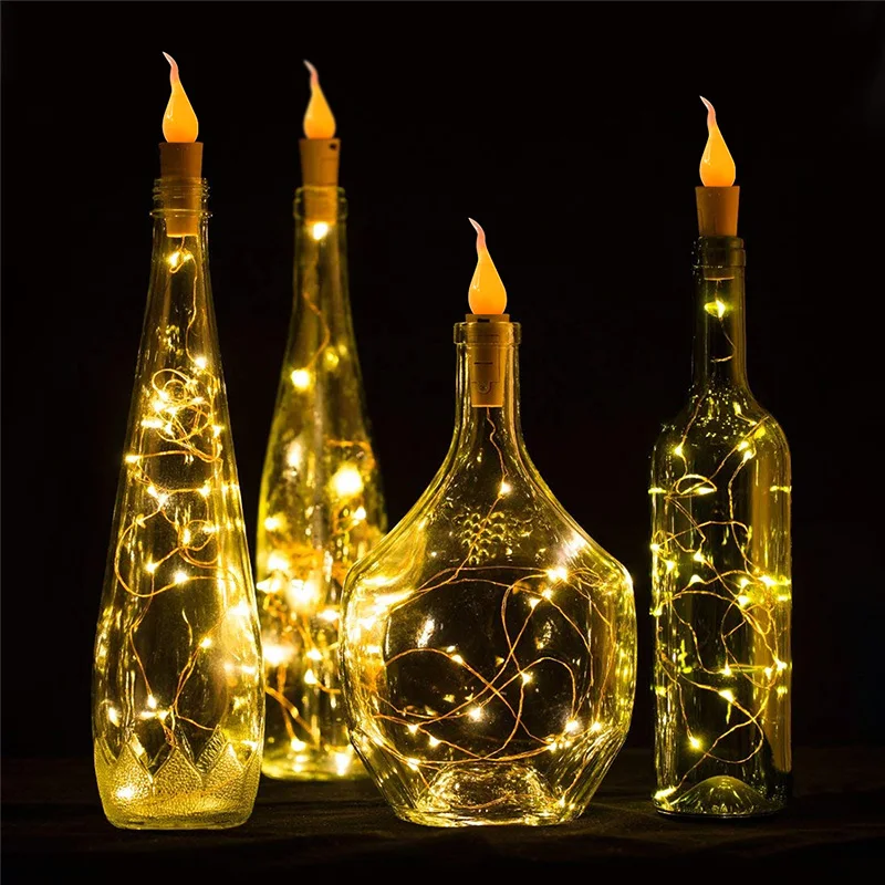 

2M Silver Wire LED String lights Cork Shaped Wine Bottle Lights with Candle Flame Fairy Garland For Christmas Party Decoration