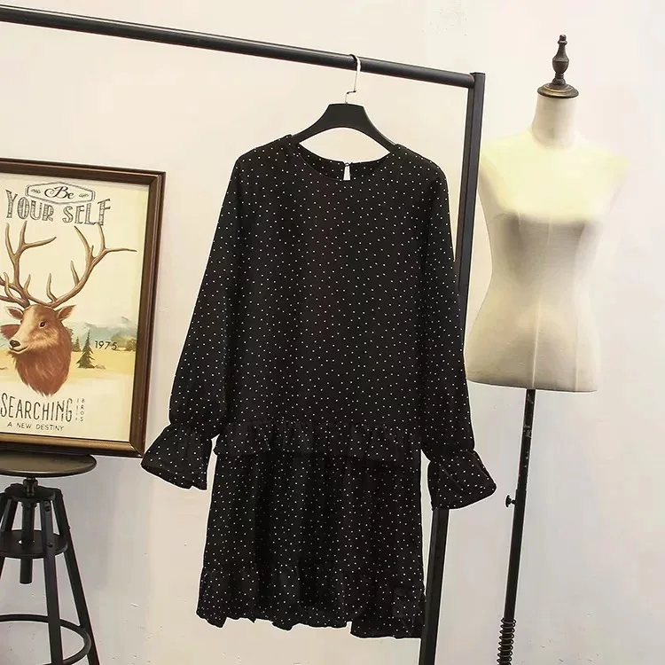

Korean-style Spring Clothing New Style Plus-sized WOMEN'S Dress Polka Dot Long-sleeved Dress Slimming Abdominal Flounced Skirt W