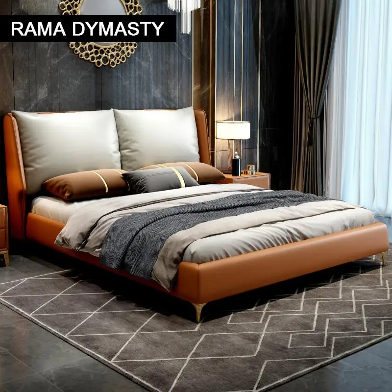 RAMA DYMASTY genuine leather soft bed modern design bed/ fashion king/queen size bedroom furniture