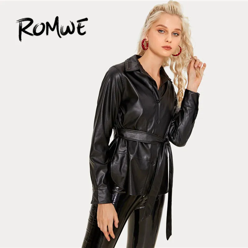 

ROMWE Single Breasted Belted Faux Leather Jacket Women Spring Autumn Stretwear Black Jacket Coat Woman Clothes Split Hem Coats