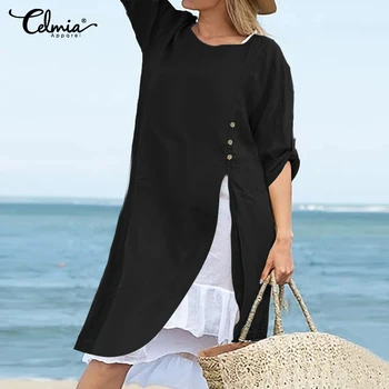 

Celmia 2020 Fashion Dress Women Sundress Long Sleeve Casual Loose Irregular Tunic Linen Shirt Sexy Split Ruffles Vestidos S-5XL