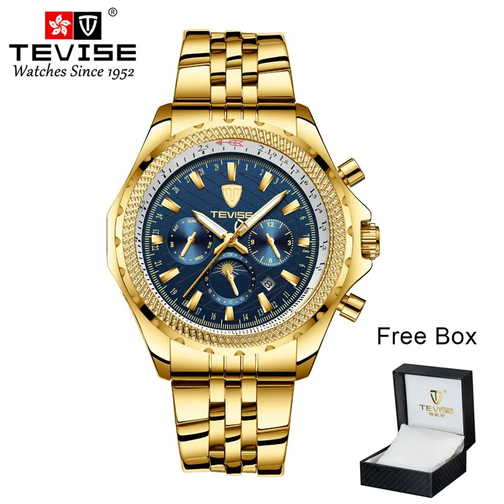TEVISE Men's Six-pin Mechanical Watch Stainless Steel Belt Box Packaging Luminous Watch Waterproof Solid Belt - Color: 01