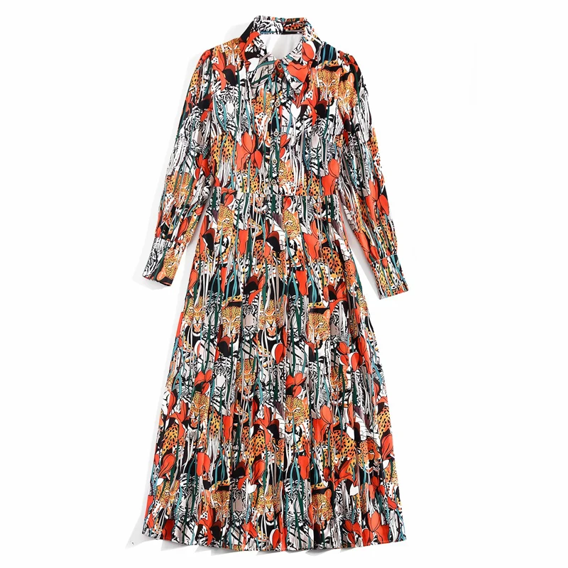 SEQINYY миди платье весна осень модный дизайн женщин животные печати оранжевые цветы рубашка трапециевидного силуэта платье