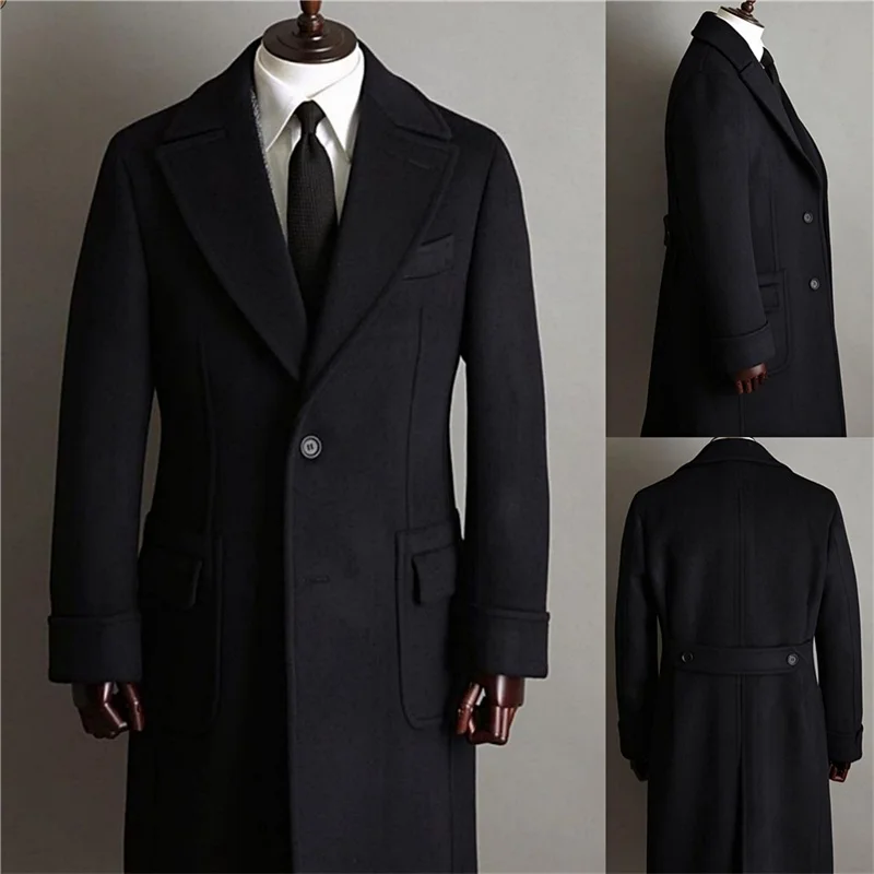 Formal Black Men Suits Thick Wool Custom Made Men Jacket Windbreaker High Quality Tuxedos Peaked Lapel Blazer Business Long