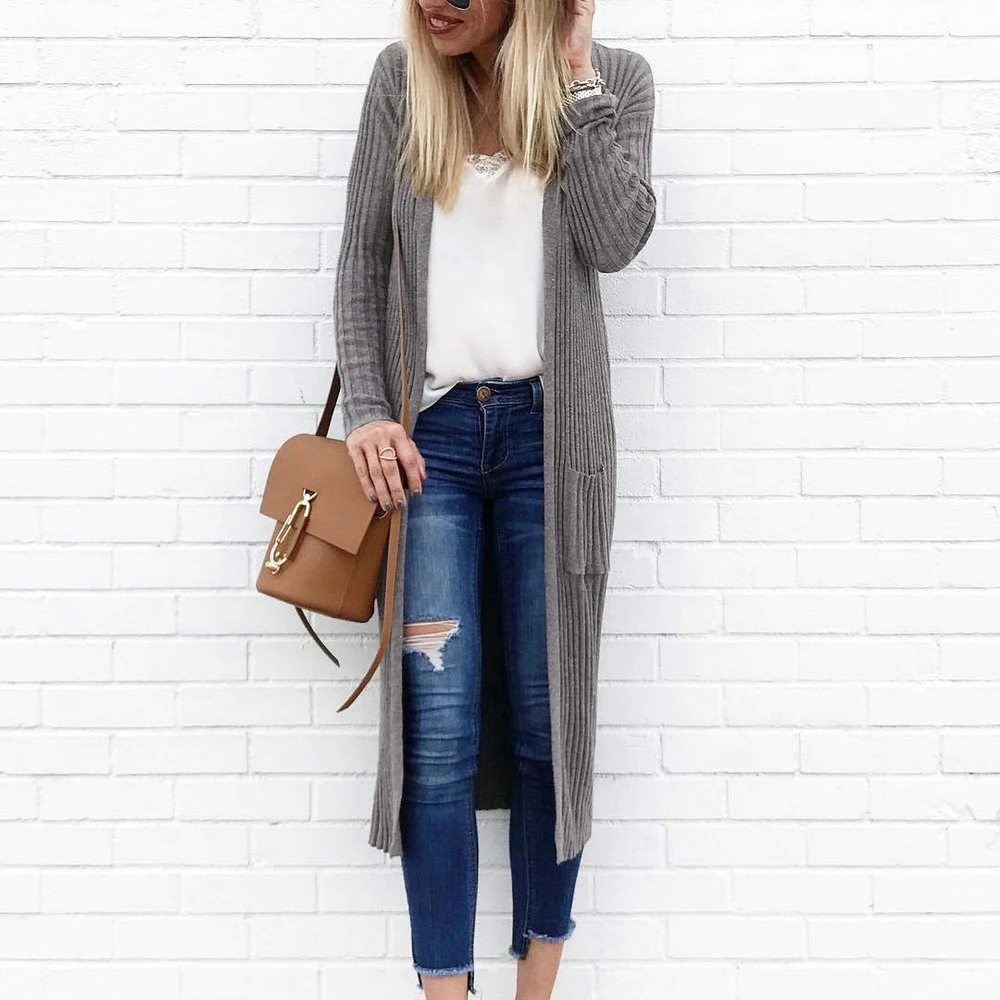 

2019 New Women Autumn Winter Knitted Cardigan Sweater Warm Open Stitch Pockets Outwear Long Knitwear Knittings Sweaters