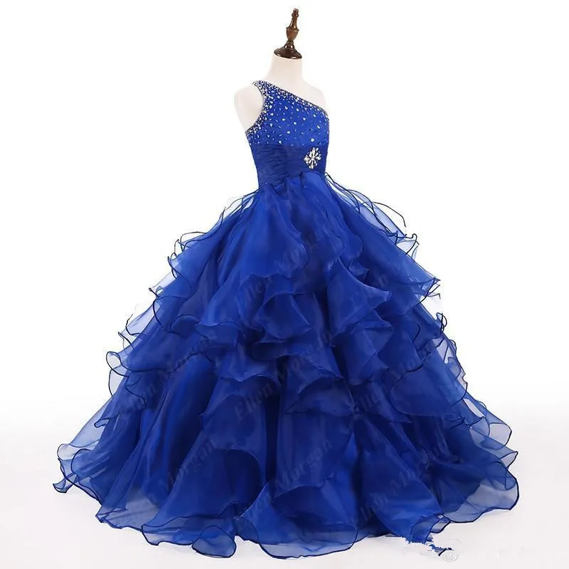 Royal Blue Girls Pageant Dress One Shoulder Crystals Beads Ruffles Organza Ball Gown Girls Birthday Party Gowns Custom Size