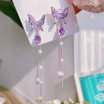 

Women Purple/Colorful White Butterfly Flashing Drilling Long Earrings Exaggeration