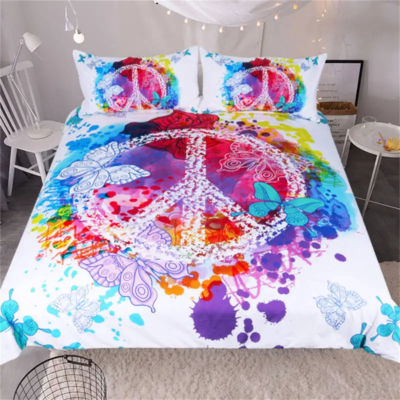 BeddingOutlet Watercolor Butterfly Bedding Set Colorful Printed Quilt Cover With Pillowcases Peace Design Bed Set 3-Piece - Цвет: White