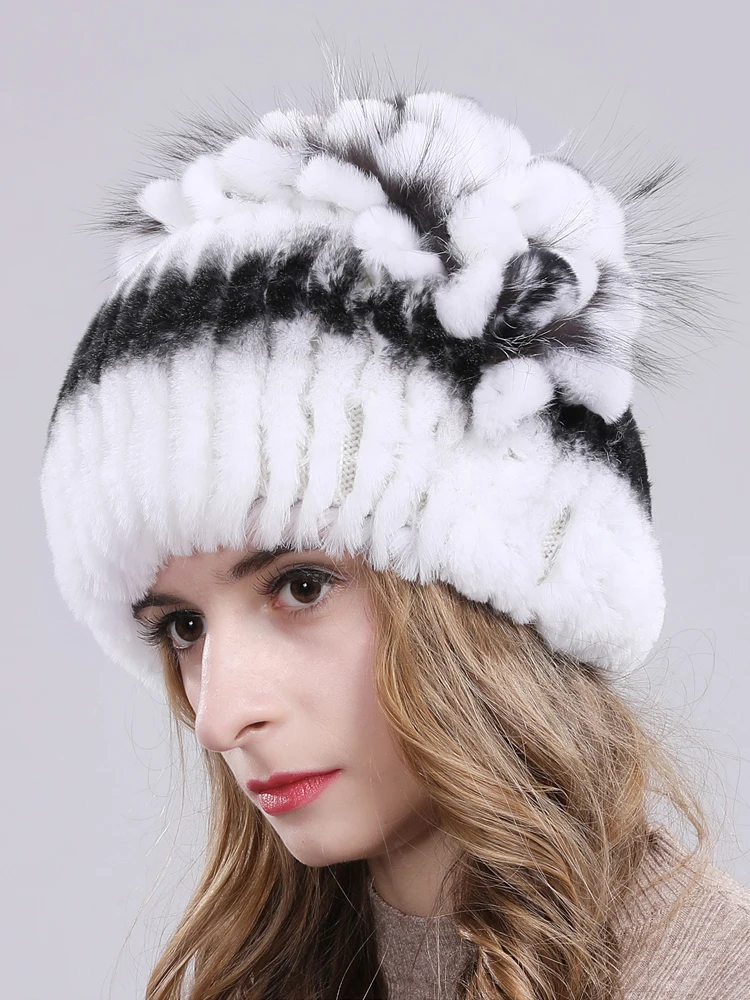 DIY России для женщин Настоящий мех кролика Skullies шапки Роскошные вязаные цветы леди из натуральной Мех животных кепки зимние помпон из