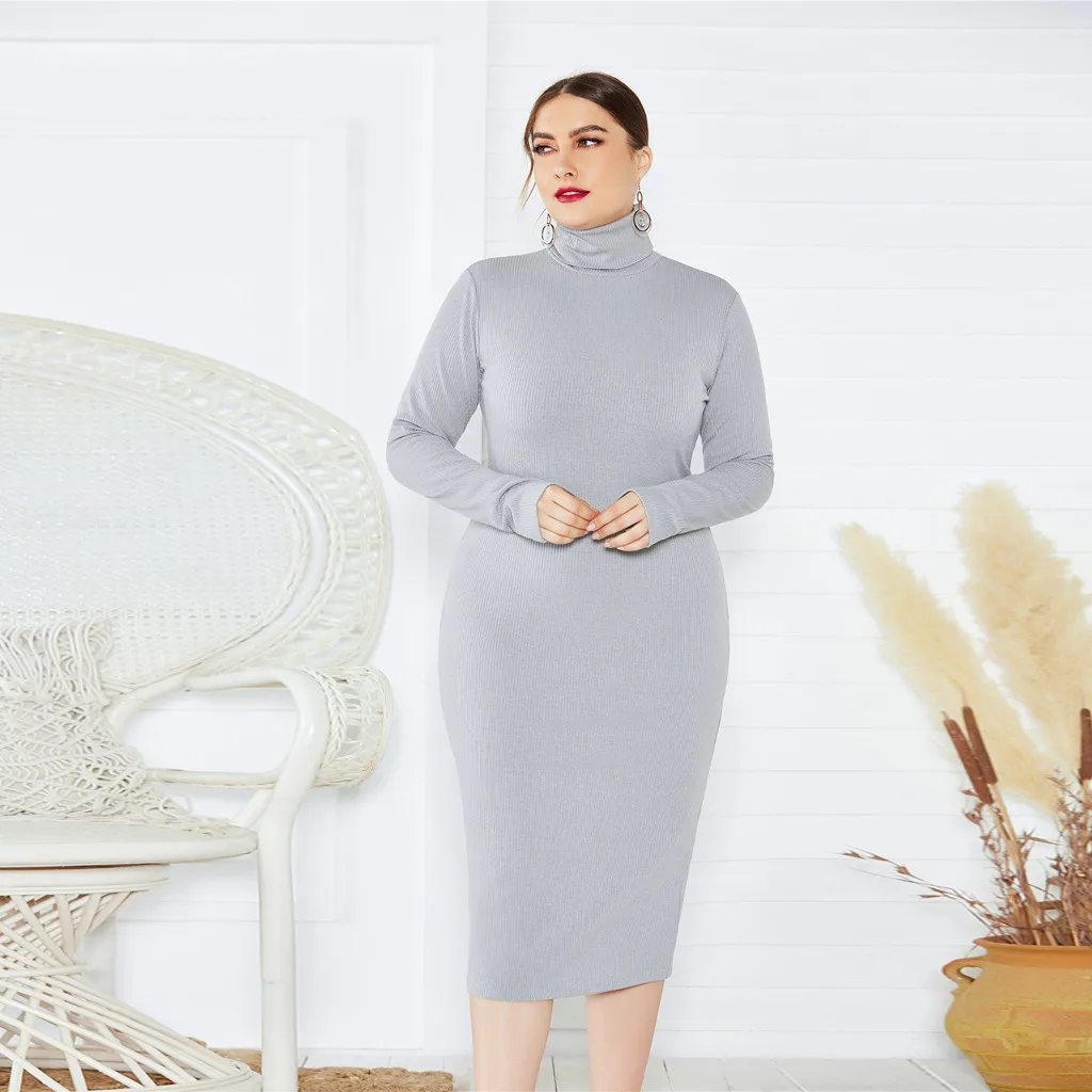 

Plus Size Women's Solid Long Sleeve Sheath Midi Dresses Ladies Turteneck Slim Fit Sweater Dress DouDouLu Vestidos Robe Femme