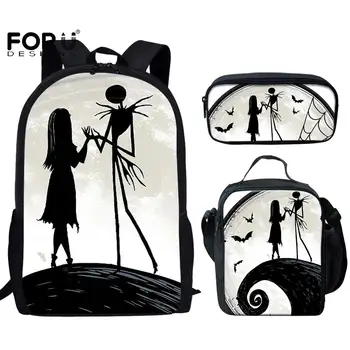 

FORUDESIGNS School Bags Set 3Pcs Jack&Sally Print Backpack Fashion Student Purple Bookbag Backpack 28*16*40cm Hold A4 Paper iPad