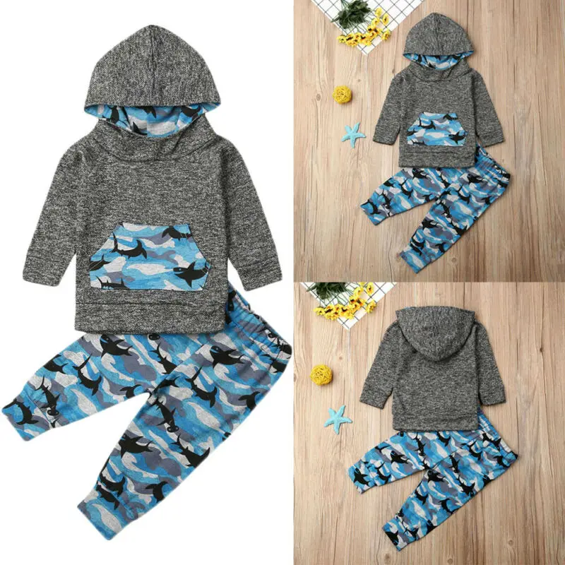 Emmababy Toddler Newborn Infant Baby Boy Girl Clothes Long Sleeve Hoodie Hooded Tops+Shark Pants Outfit Autumn