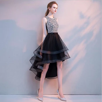 

Bridesmaid Dress Front Short BACK Long New Beads Zipper Back Sexy O neck A Line Tulle Party Dress for Wedding Prom Gown