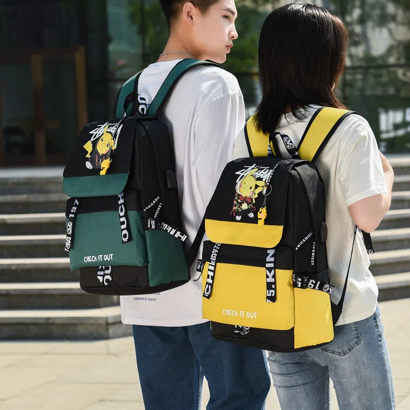 Action Large Pikachu Backpack with USB Charge Line Student Schoolbag Cute Cartoon Pikachu Couple Bags Quality Canvas Bag Gift
