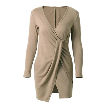 

Women Sexy Dress Knitted Deep V-neck Bodycon Sleeve Long Sleeve Irregular Mini Dress Solid Color Elegant Dress Vestido
