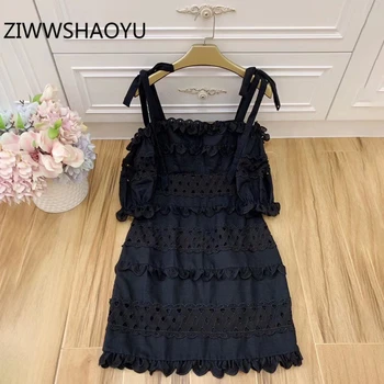 

ZIWWSHAOYU Summer Women Sexy Backless Knotted Strap Dresses Hollow Out Embroidery Cotton Linen Dress Ladies Mini Black Dress