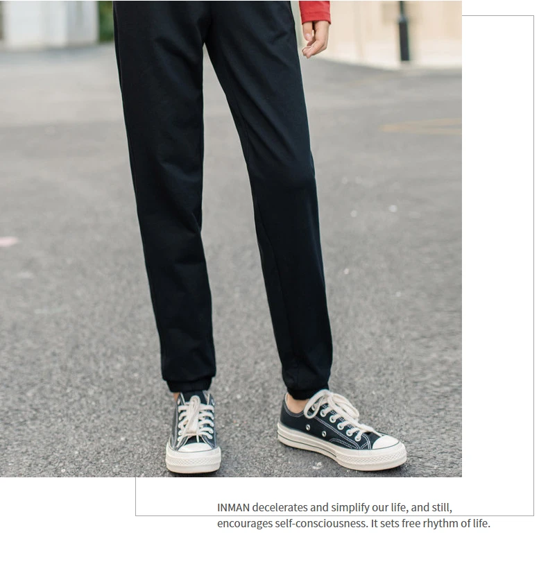 INMAN 2020 Autumn New Arrival Drawstring Elastic Waist Cotton Embroidery Micro-elastic Pencil Trousers