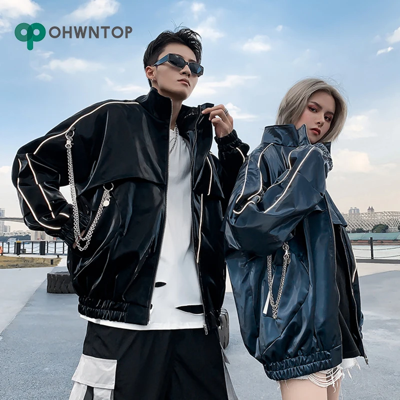 

Punk Rock Reflective PU Biker Jacket Men Casual Zipper Motorcycle Leather Jacket Coats Nightclub DJ clothing Hip Hop Streetwear
