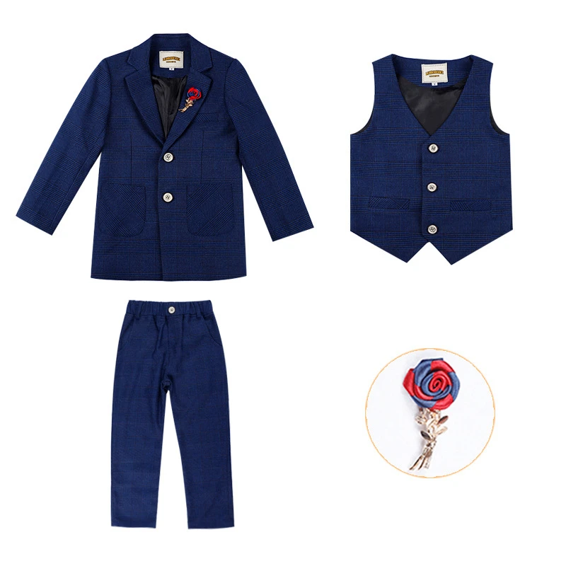 A blue 3pcs Комплект модной одежды для мальчиков на свадьбу, детский клетчатый Блейзер, жилет брюки костюм, комплект с цветочным рисунком, деловой костюм для мальчиков смокинг, школьный праздничный костюм - Цвет: A blue 3pcs